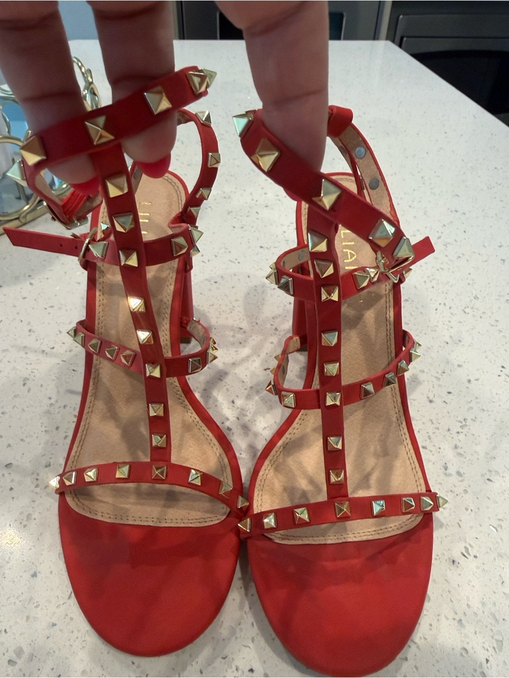 Liliana red studded strappy heels, size 8.5